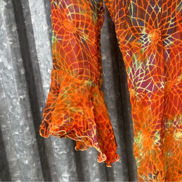 Y2K 100% Silk Orange Abstract Floral Sequin Asymmetrical Fairy Dress Size Large - Picture 6 of 8